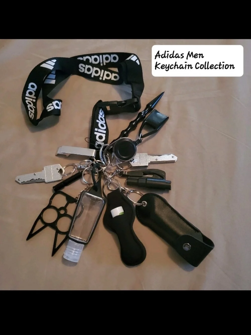 adidas Black Logo Lanyard with Multi-Tool Keychain Set